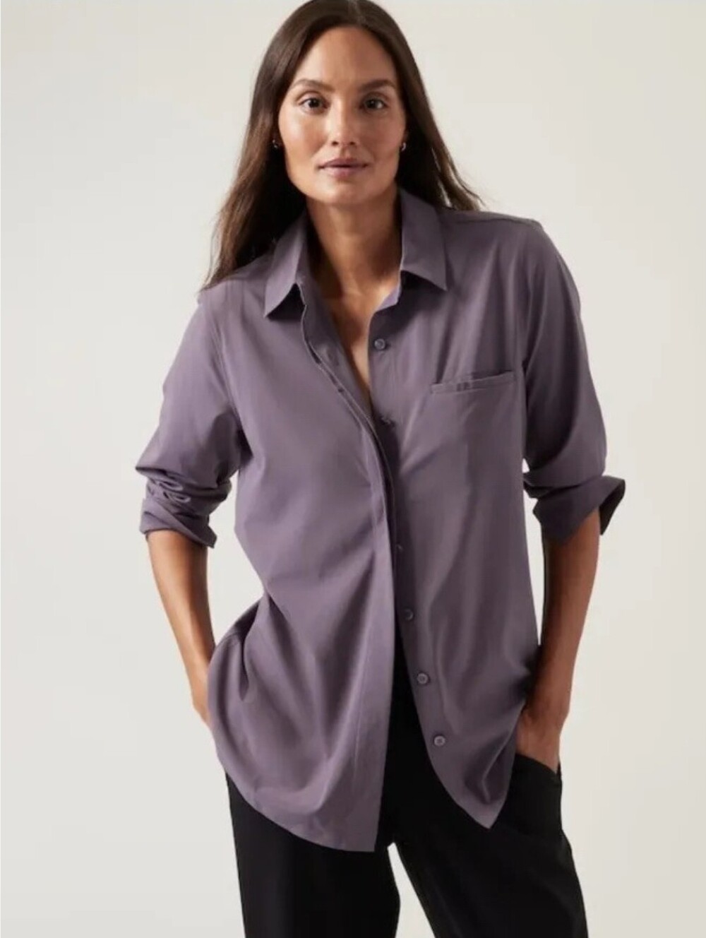 NWOT Athleta Size S Urbanite Lightweight Button-Front Shirt in Light Lavender